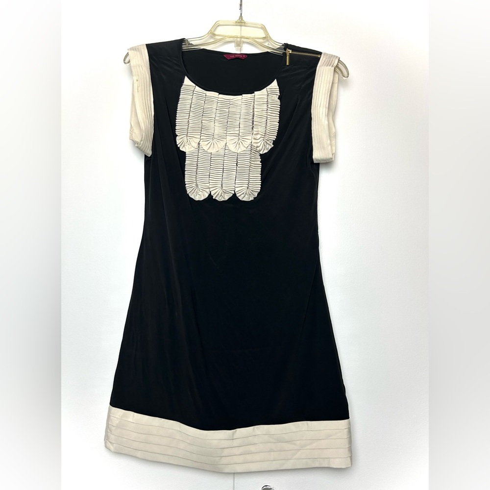 Ted Baker Silk Ruffle Mini Dress Short Sleeves Black White